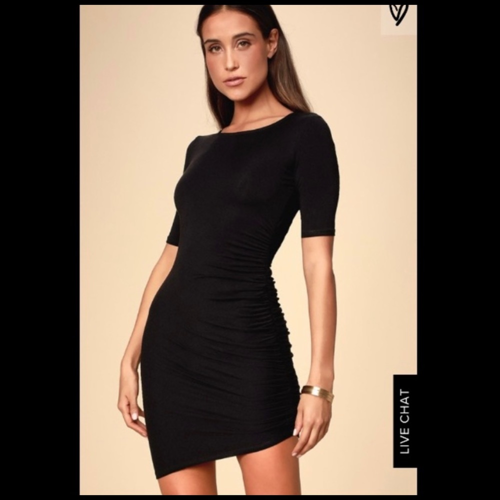 Lulus Bodycon Midi Side Ruched Dress Black NWT